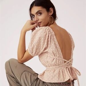 ANTHROPOLOGIE Line And Dot Peplum Open Back Backless Tan Nude Top